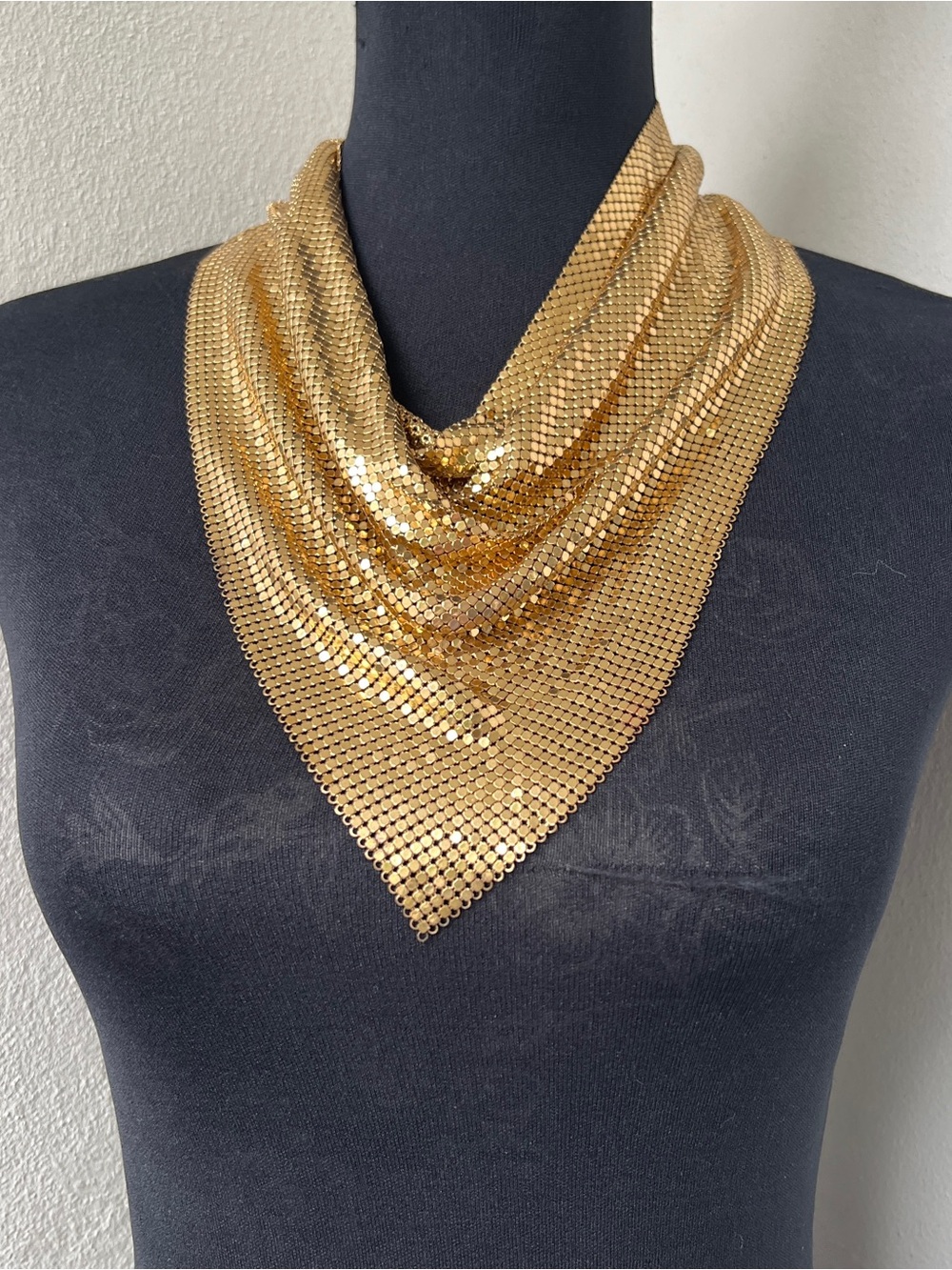 XL Vintage Chainmail Mesh Disco Scarf Bib Necklace Gold Bandanna Collar Cowl 24”